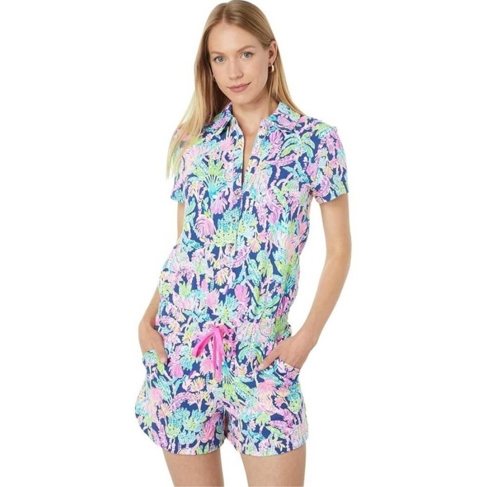 Lilly Pulitzer Jorgie Romper in Oyster Bay Navy Seen and Herd Size Small